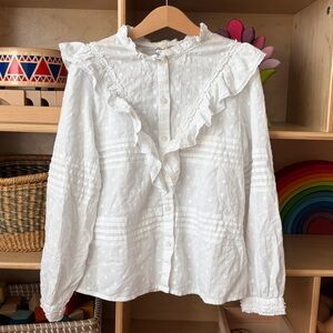 Petit Sezane Girls White Ruffle Embroidered Swiss Dot Button-Up Blouse Top